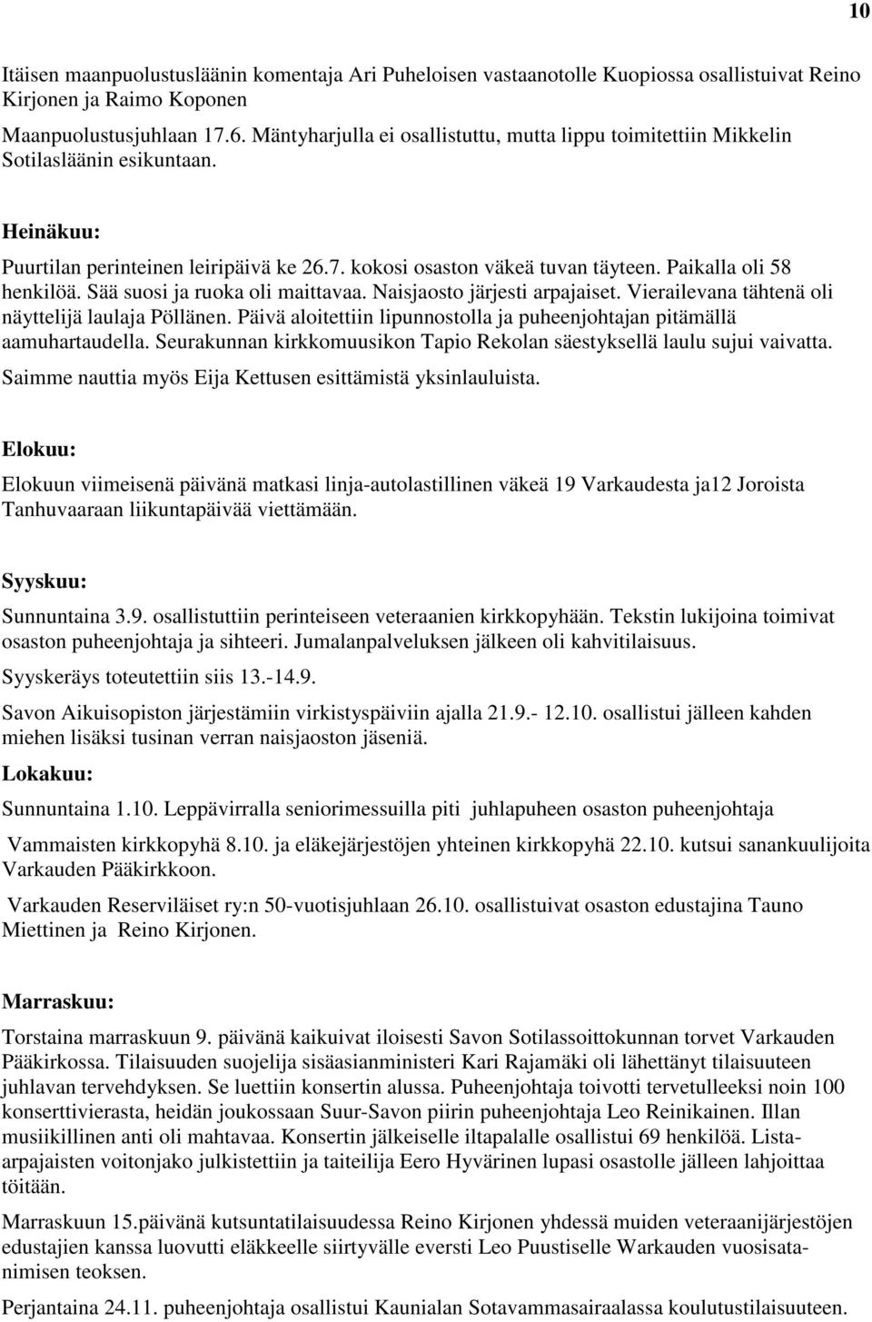 Paikalla oli 58 henkilöä. Sää suosi ja ruoka oli maittavaa. Naisjaosto järjesti arpajaiset. Vierailevana tähtenä oli näyttelijä laulaja Pöllänen.