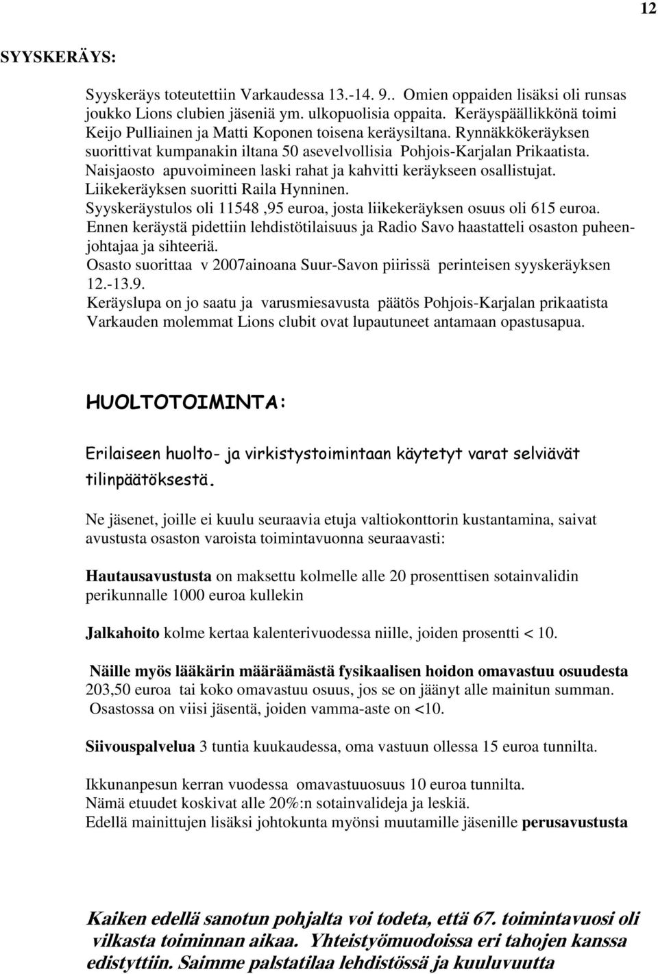 Naisjaosto apuvoimineen laski rahat ja kahvitti keräykseen osallistujat. Liikekeräyksen suoritti Raila Hynninen. Syyskeräystulos oli 11548,95 euroa, josta liikekeräyksen osuus oli 615 euroa.