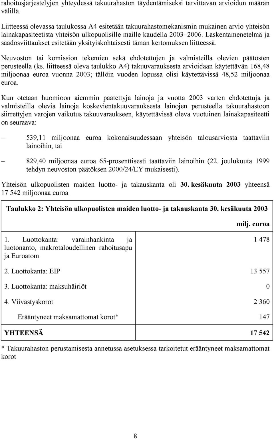 Laskentamenetelmä ja säädösviittaukset esitetään yksityiskohtaisesti tämän kertomuksen liitteessä. Neuvoston tai komission tekemien sekä ehdotettujen ja valmisteilla olevien päätösten perusteella (ks.