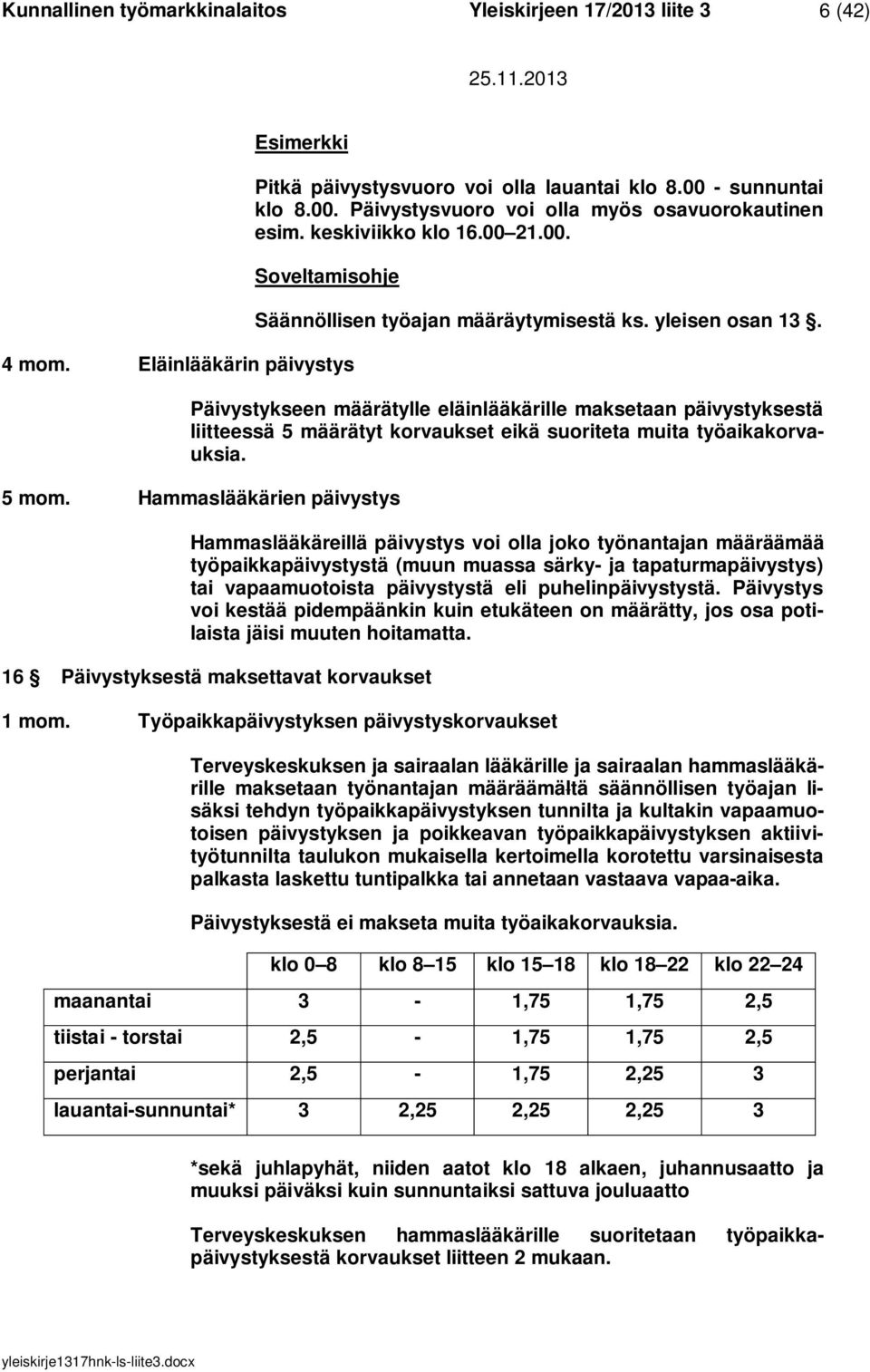 Päivystykseen määrätylle eläinlääkärille maksetaan päivystyksestä liitteessä 5 määrätyt korvaukset eikä suoriteta muita työaikakorvauksia. 5 mom.