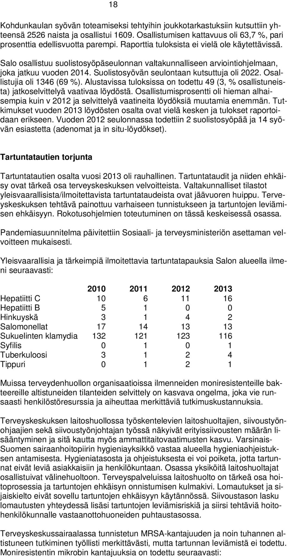 Osallistujia oli 1346 (69 %). Alustavissa tuloksissa on todettu 49 (3, % osallistuneista) jatkoselvittelyä vaativaa löydöstä.