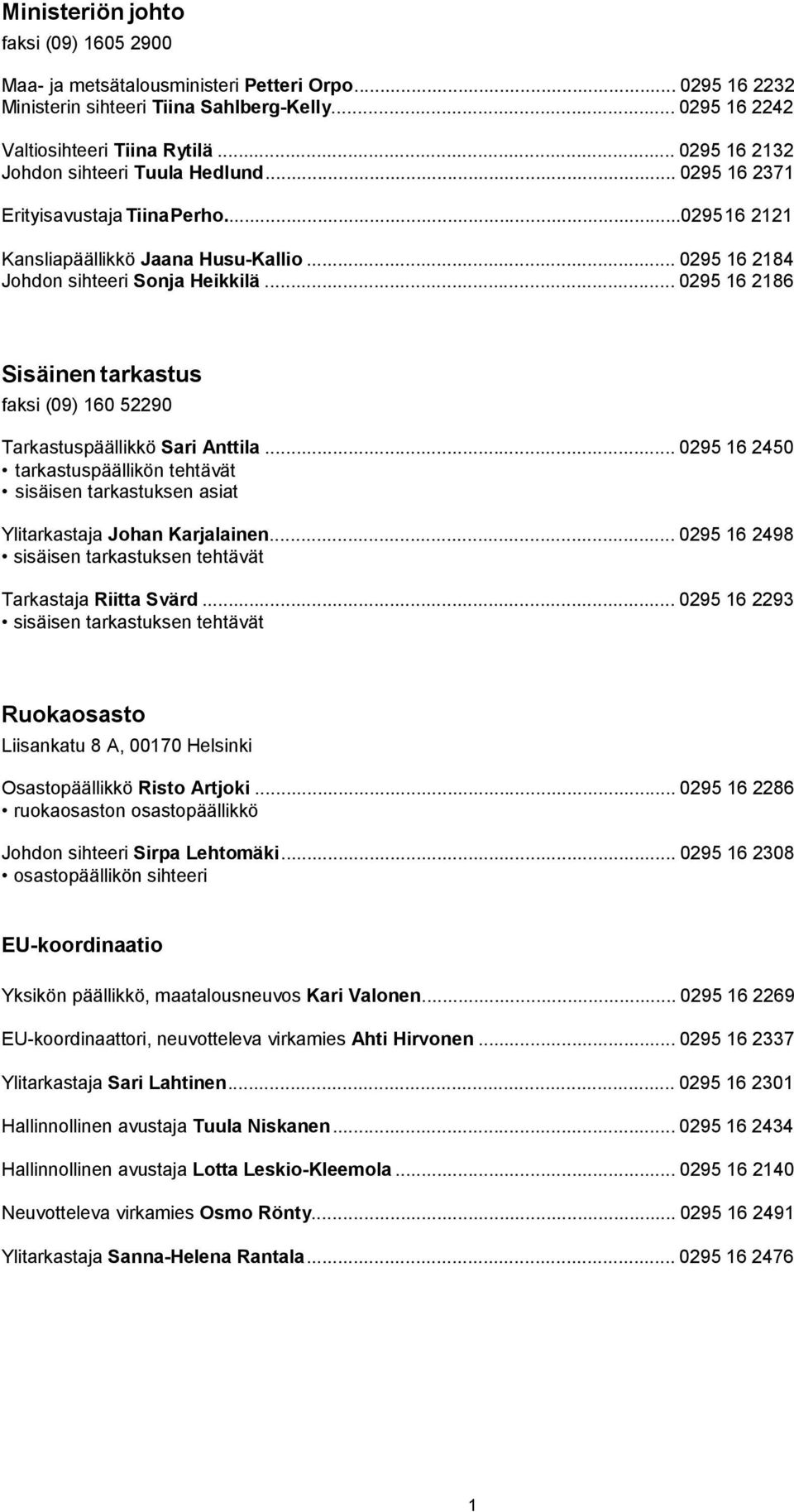 .. 0295 16 2186 Sisäinen tarkastus faksi (09) 160 52290 Tarkastuspäällikkö Sari Anttila... 0295 16 2450 tarkastuspäällikön tehtävät sisäisen tarkastuksen asiat Ylitarkastaja Johan Karjalainen.