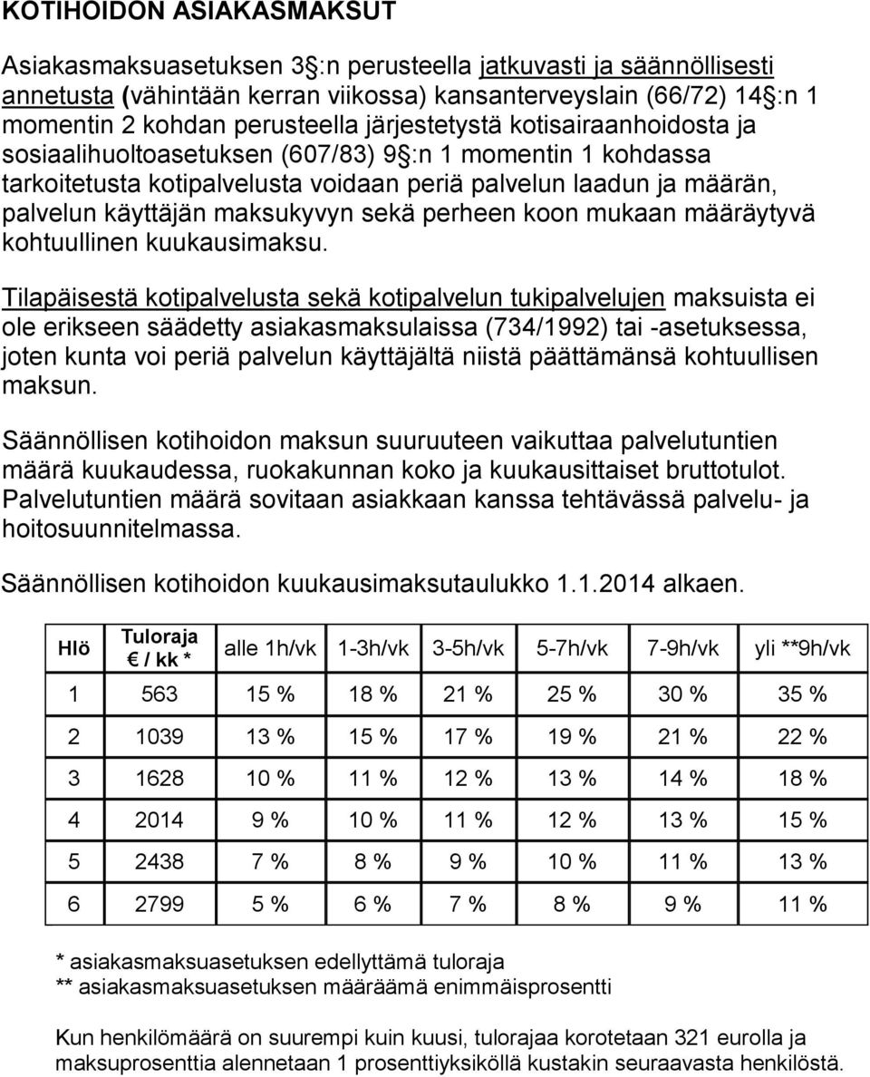 sekä perheen koon mukaan määräytyvä kohtuullinen kuukausimaksu.