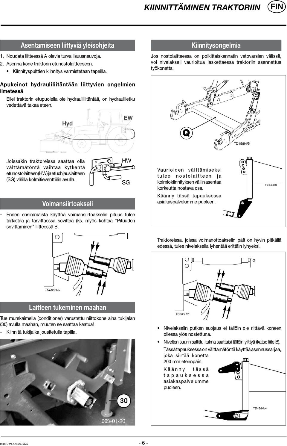 Kiinnitysongelmia Jos nostolaitteessa on poikittaiskannatin vetovarsien välissä, voi nivelakseli vaurioitua laskettaessa traktoriin asennettua työkonetta.