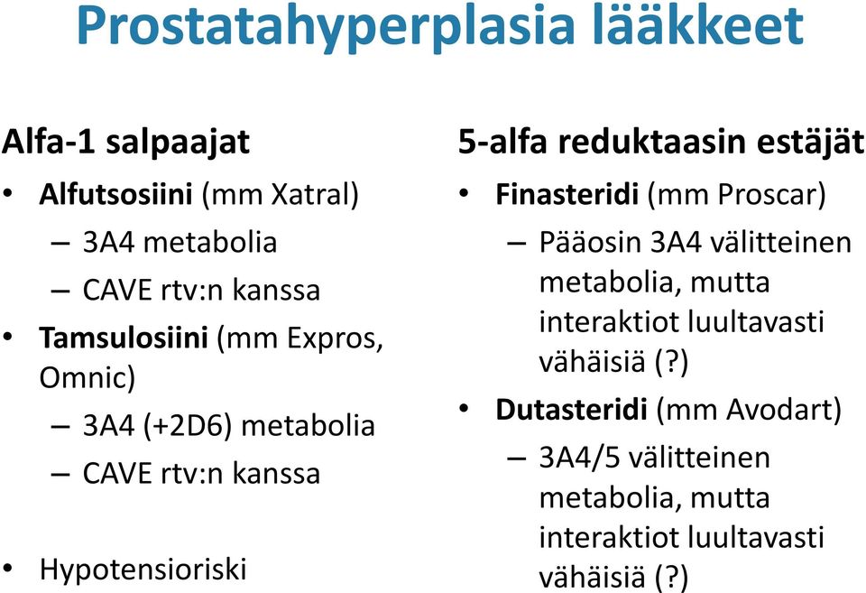 reduktaasin estäjät Finasteridi (mm Proscar) Pääosin 3A4 välitteinen metabolia, mutta interaktiot