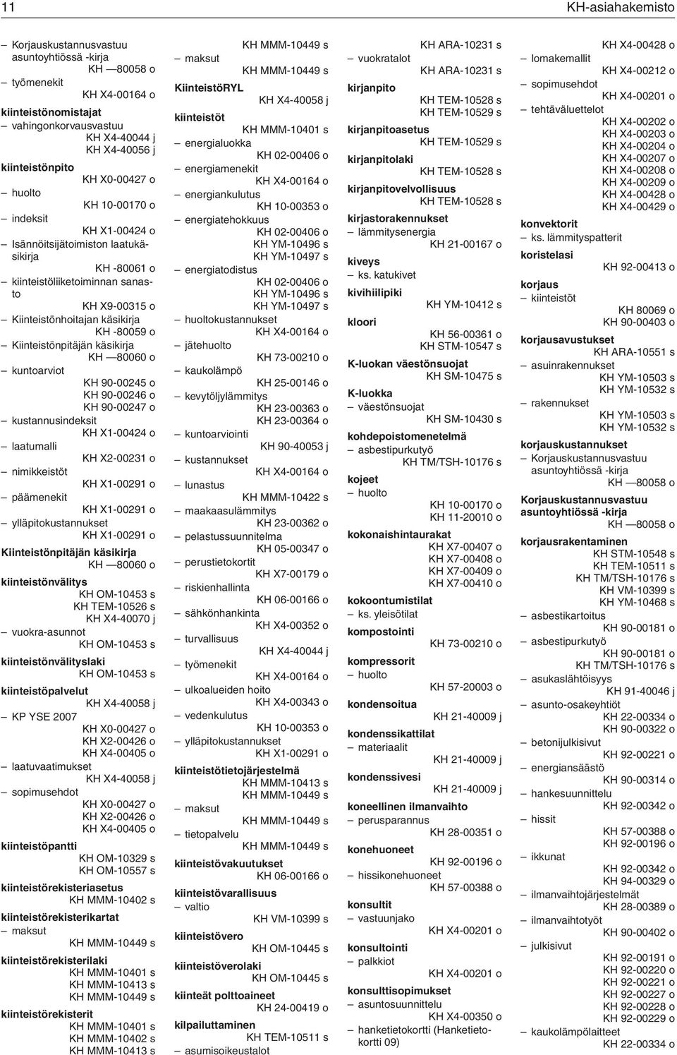 kustannusindeksit laatumalli KH X2-00231 o nimikkeistöt päämenekit ylläpitokustannukset Kiinteistönpitäjän käsikirja KH 80060 o kiinteistönvälitys KH OM-10453 s KH TEM-10526 s KH X4-40070 j