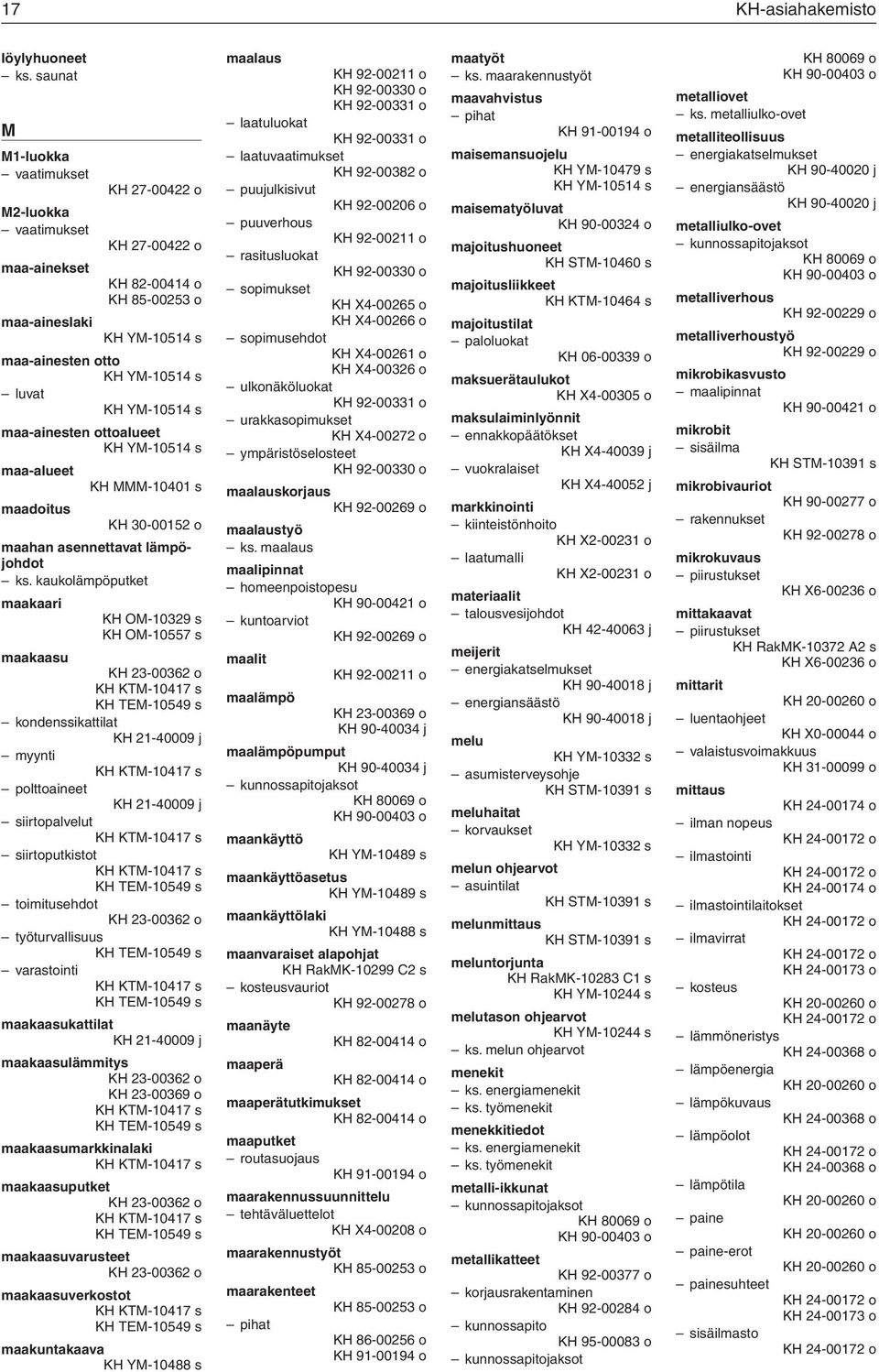 KH YM-10514 s maa-alueet KH MMM-10401 s maadoitus KH 30-00152 o maahan asennettavat lämpöjohdot ks.