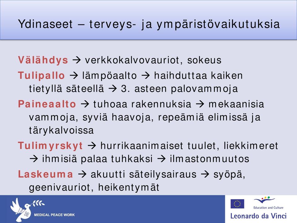 asteen palovammoja Paineaalto tuhoaa rakennuksia mekaanisia vammoja, syviä haavoja, repeämiä elimissä