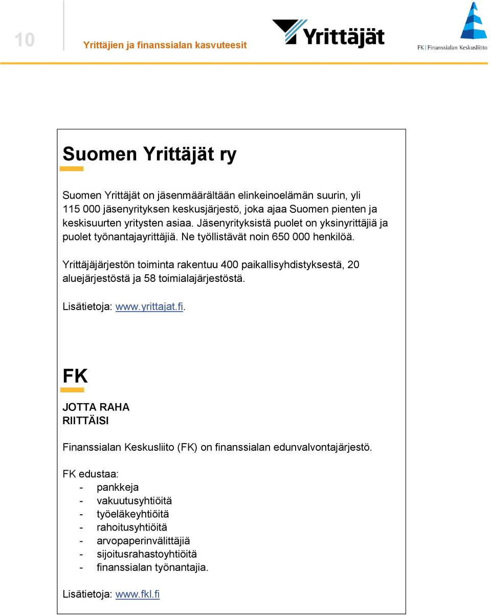 Yrittäjäjärjestön toiminta rakentuu 400 paikallisyhdistyksestä, 20 aluejärjestöstä ja 58 toimialajärjestöstä. Lisätietoja: www.yrittajat.fi.