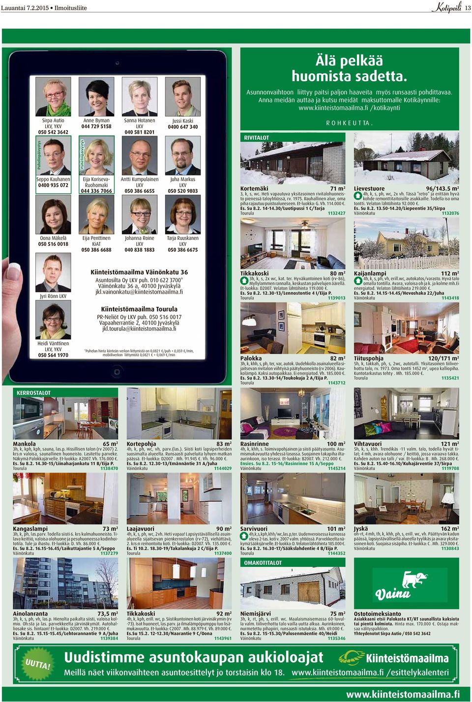 fi /kotikaynti Sirpa Autio, YKV 050 542 3642 Puhelinpäivystys Anne Byman 044 729 5158 Puhelinpäivystys Sanna Hotanen 040 581 8201 Jussi Kaski 0400 647 340 RIVITALOT R O H K E U T TA.