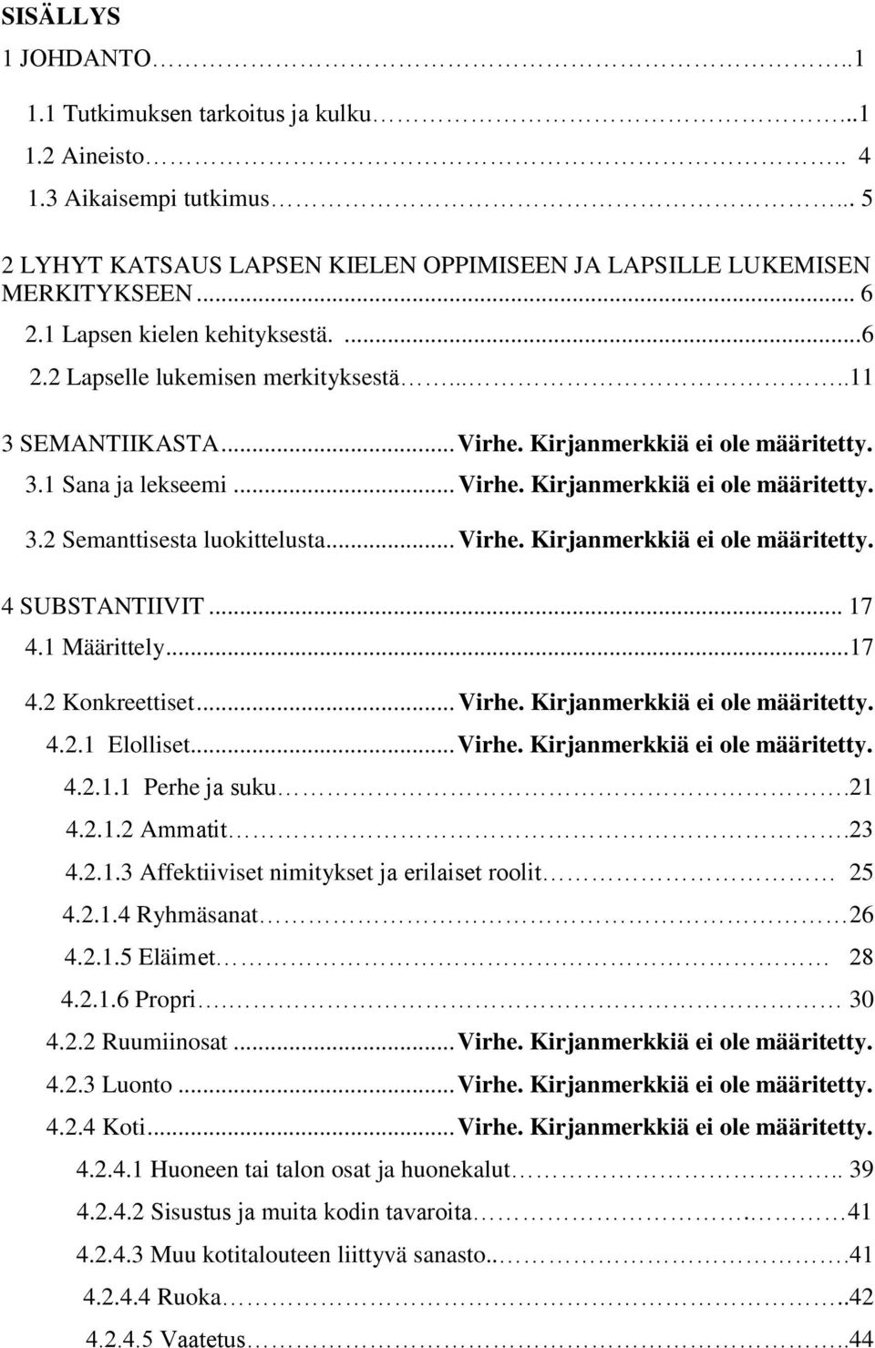 .. Virhe. Kirjanmerkkiä ei ole määritetty. 4 SUBSTANTIIVIT... 17 4.1 Määrittely... 17 4.2 Konkreettiset... Virhe. Kirjanmerkkiä ei ole määritetty. 4.2.1 Elolliset... Virhe. Kirjanmerkkiä ei ole määritetty. 4.2.1.1 Perhe ja suku.