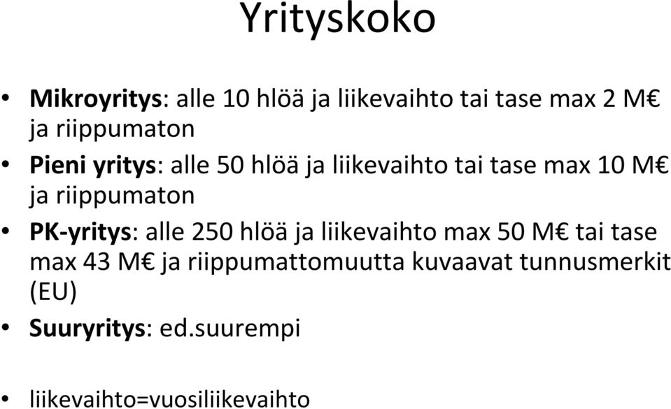 riippumaton PK-yritys: alle 250 hlöäja liikevaihto max50 M tai tase max43 M ja