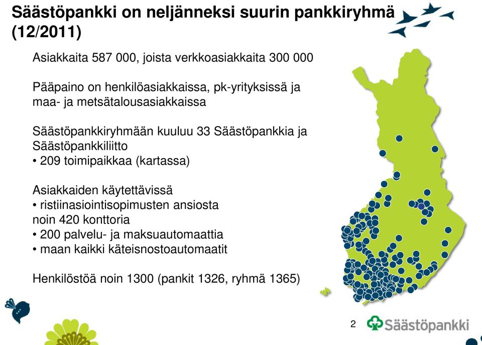 Säästöpankkiliitto 209 toimipaikkaa (kartassa) Asiakkaiden käytettävissä ristiinasiointisopimusten ansiosta noin 420