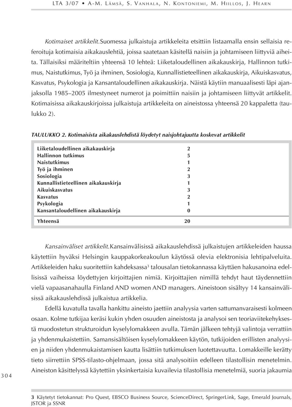 Kotimaisista aikakauslehdistä löydetyt naisjohtajuutta koskevat artikkelit Liiketaloudellinen aikakauskirja 2 Hallinnon tutkimus 5 Naistutkimus 1 Työ ja ihminen 2 Sosiologia 3