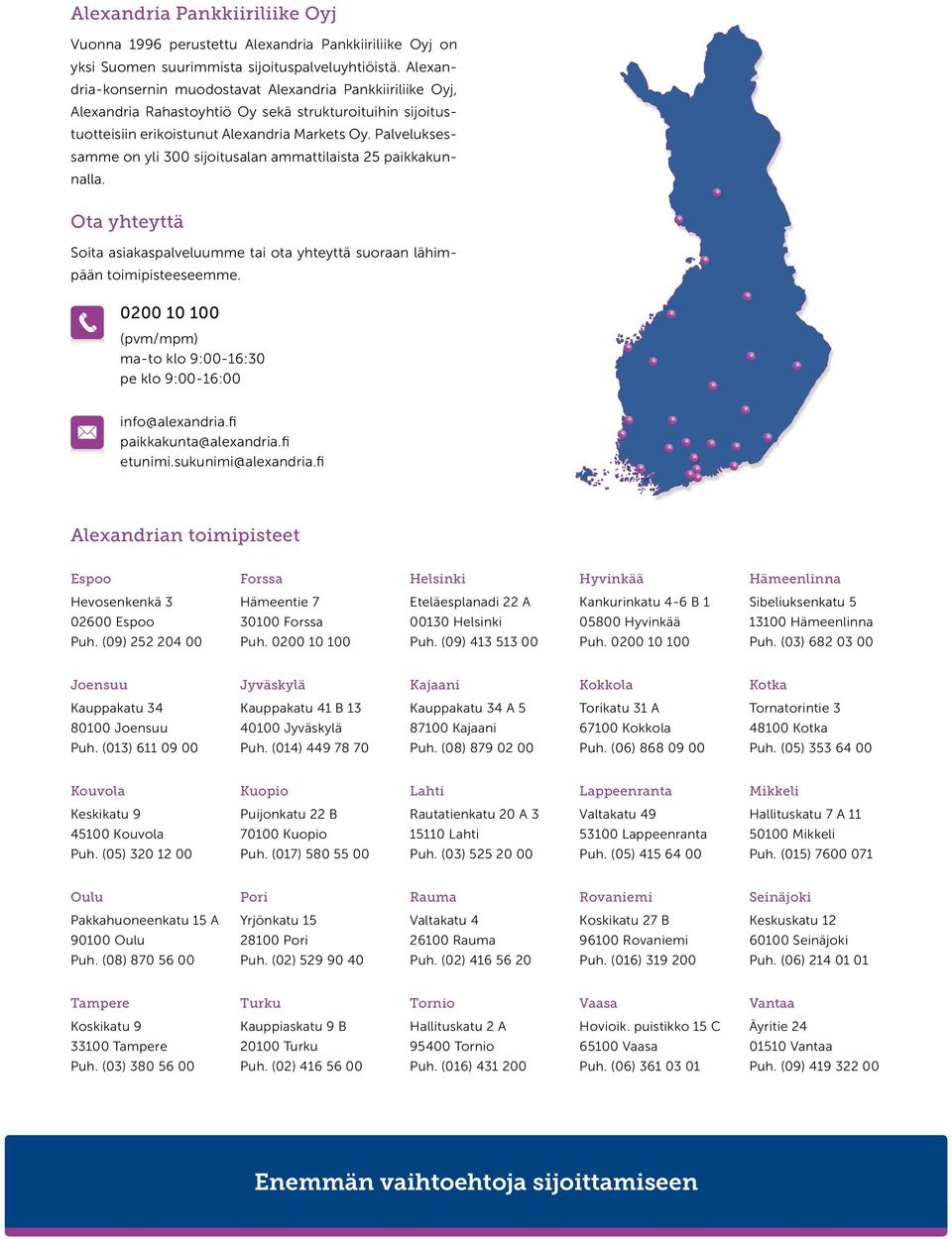 Palveluksessamme on yli 300 sijoitusalan ammattilaista 25 paikkakunnalla. Ota yhteyttä Soita asiakaspalveluumme tai ota yhteyttä suoraan lähimpään toimipisteeseemme.