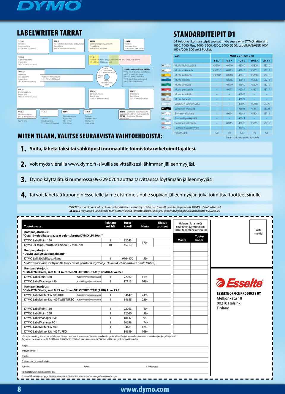 000 tarraa) Standarditeipit D1 D1 teippivalikoiman teipit sopivat myös seuraaviin DYMO laitteisiin: 1000, 1000 Plus, 2000, 3500, 4500, 5000, 5500, LabelMANAGER 100/ 100+/200/ 300 sekä Pocket.