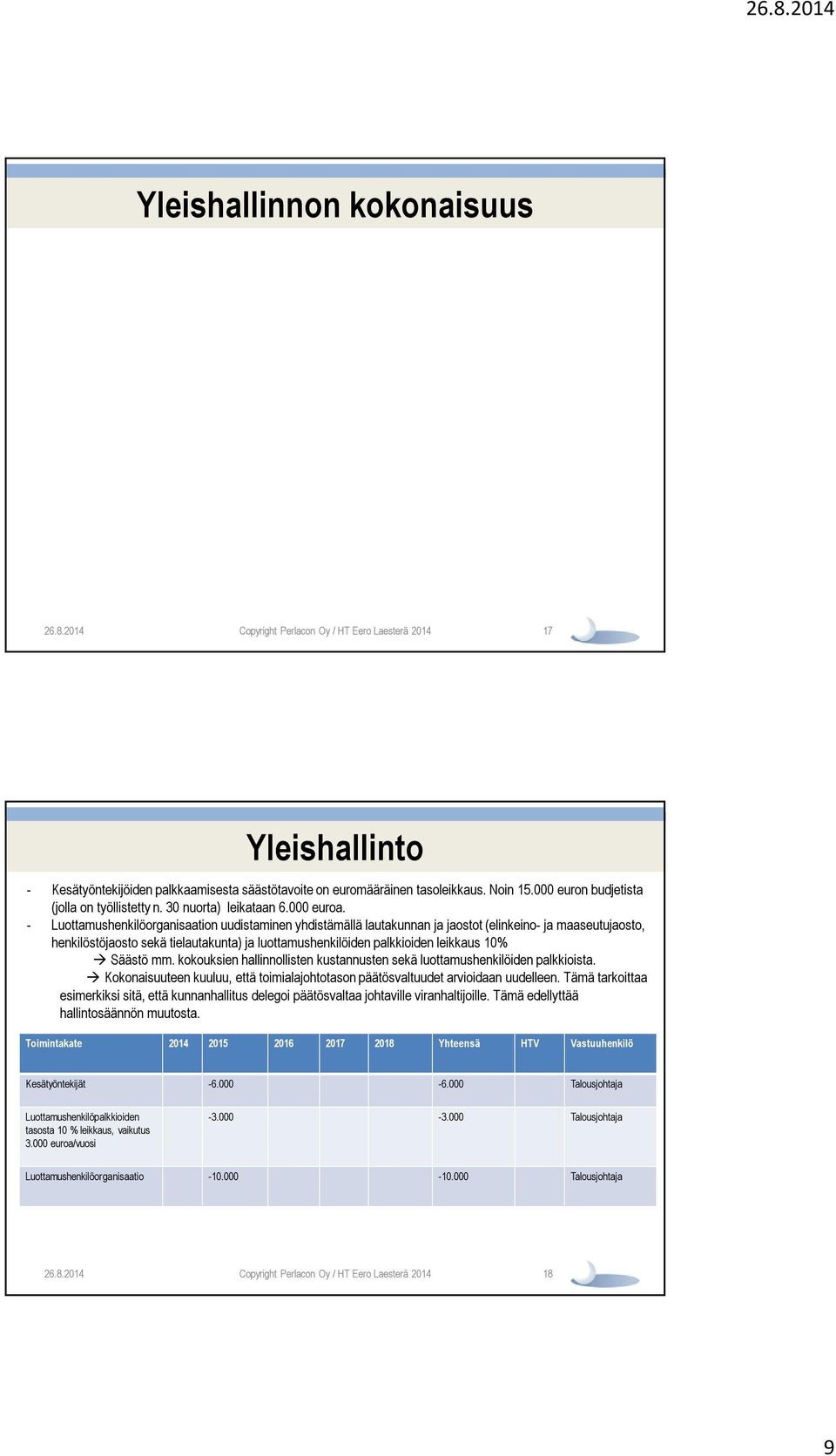 - Luottamushenkilöorganisaation uudistaminen yhdistämällä lautakunnan ja jaostot (elinkeino- ja maaseutujaosto, henkilöstöjaosto sekä tielautakunta) ja luottamushenkilöiden palkkioiden leikkaus 10%