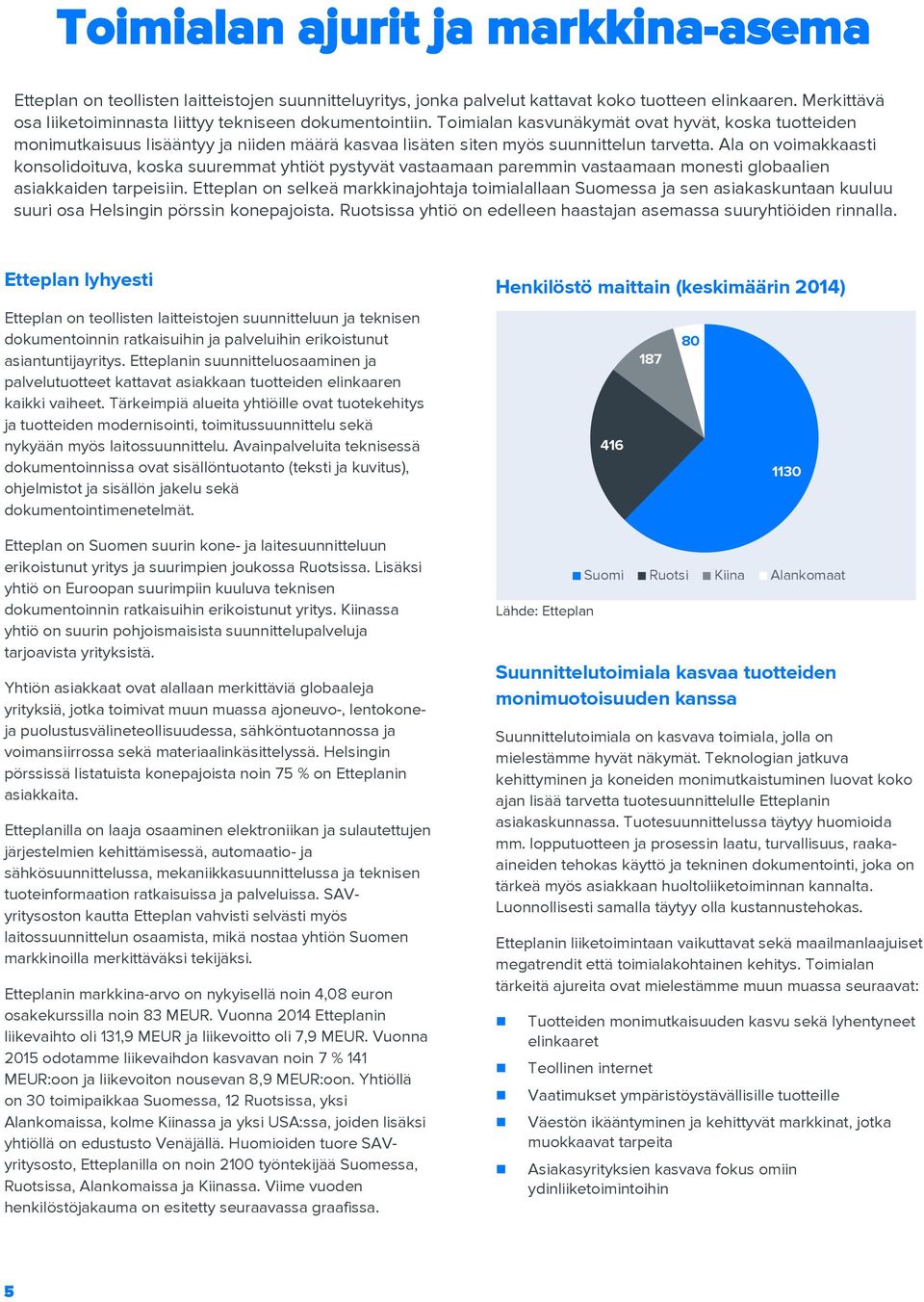 Toimialan kasvunäkymät ovat hyvät, koska tuotteiden monimutkaisuus lisääntyy ja niiden määrä kasvaa lisäten siten myös suunnittelun tarvetta.