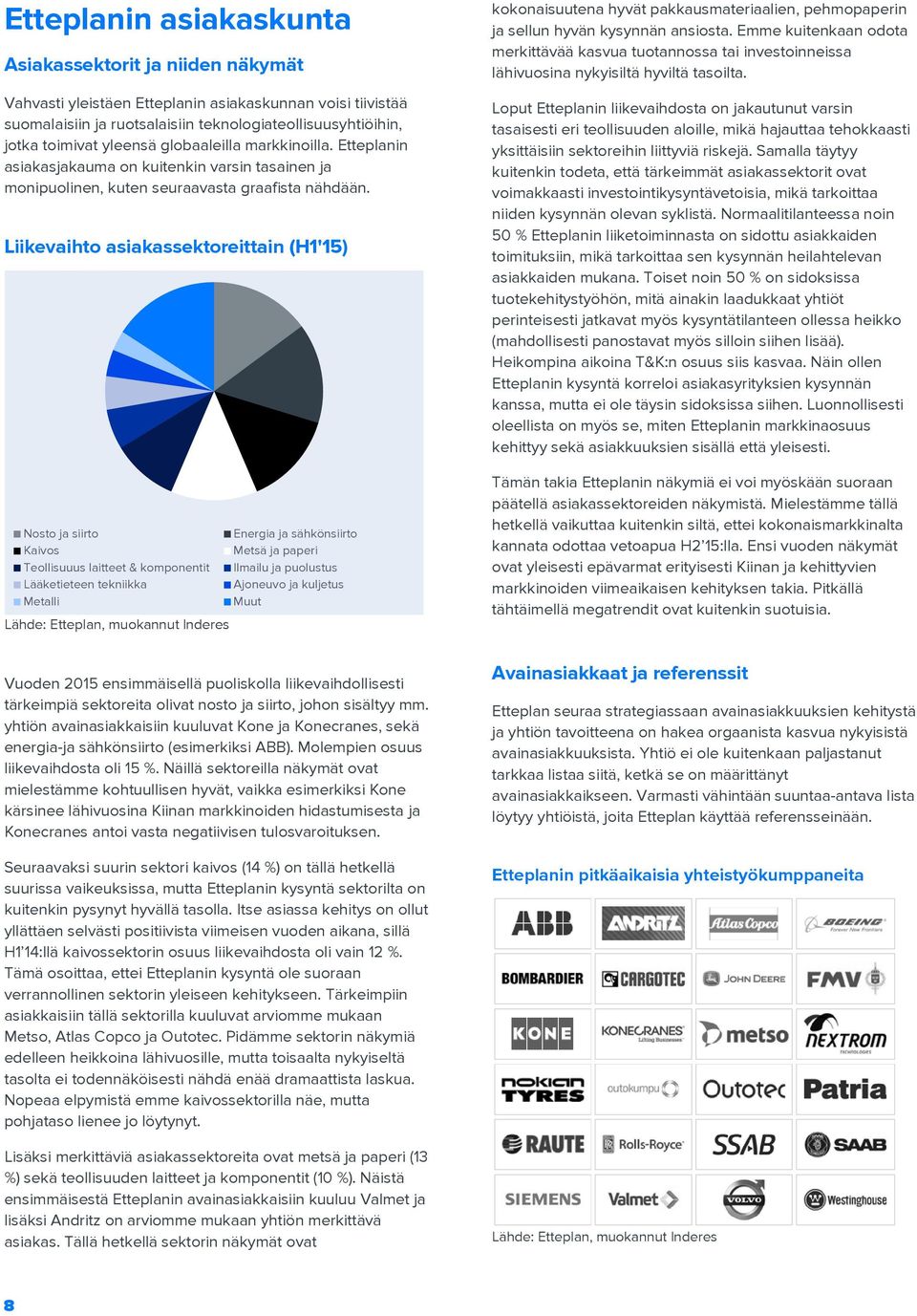 Liikevaihto asiakassektoreittain (H1'15) Nosto ja siirto Kaivos Teollisuuus laitteet & komponentit Lääketieteen tekniikka Metalli Lähde: Etteplan, muokannut Inderes Energia ja sähkönsiirto Metsä ja