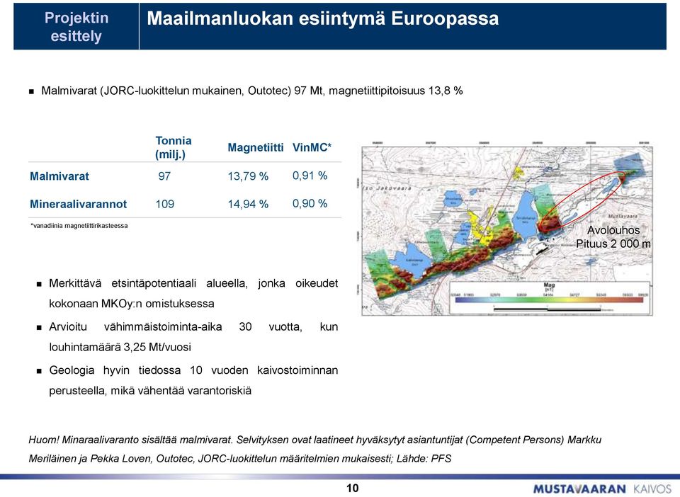 jonka oikeudet kokonaan MKOy:n omistuksessa Arvioitu vähimmäistoiminta-aika 30 vuotta, kun louhintamäärä 3,25 Mt/vuosi Geologia hyvin tiedossa 10 vuoden kaivostoiminnan perusteella, mikä