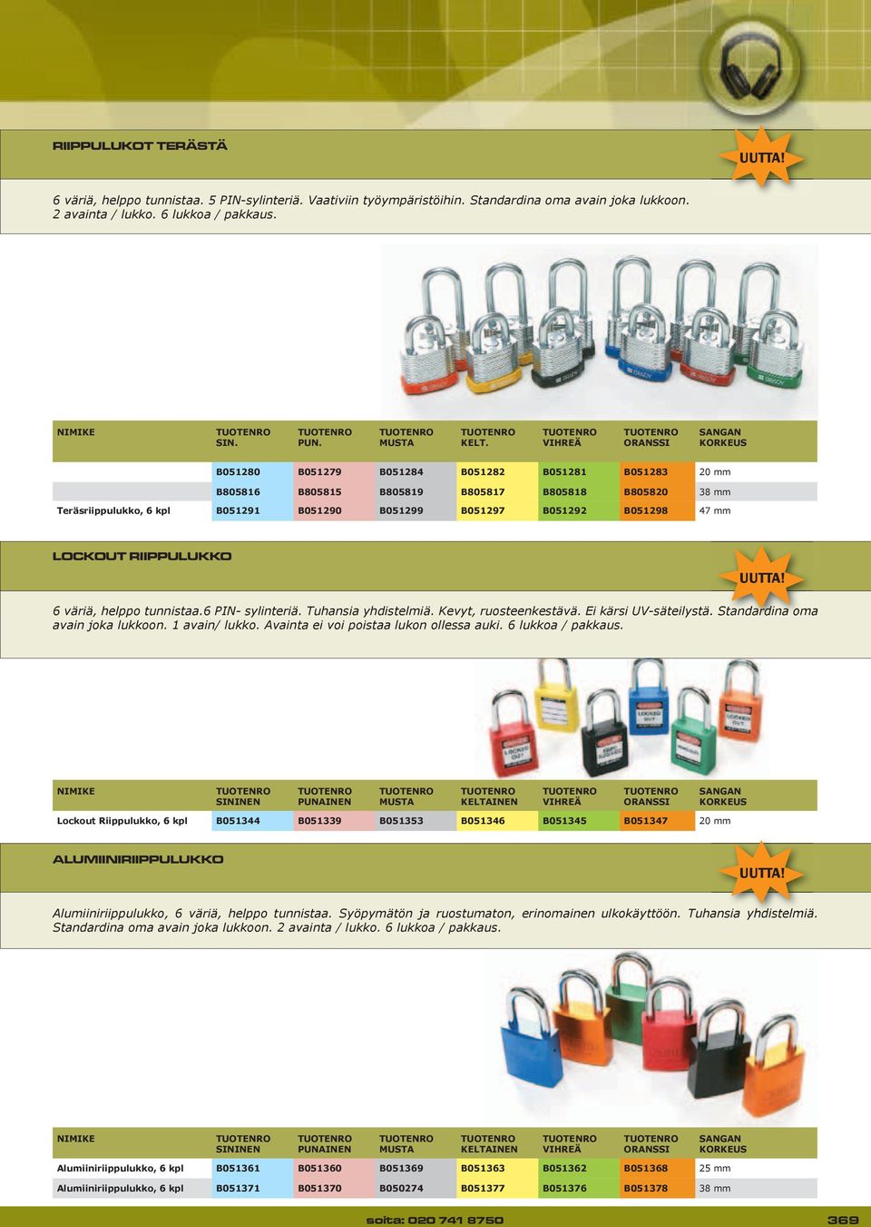 B051292 B051298 47 mm LOCKOUT RIIPPULUKKO 6 väriä, helppo tunnistaa.6 PIN- sylinteriä. Tuhansia yhdistelmiä. Kevyt, ruosteenkestävä. Ei kärsi UV-säteilystä. Standardina oma avain joka lukkoon.