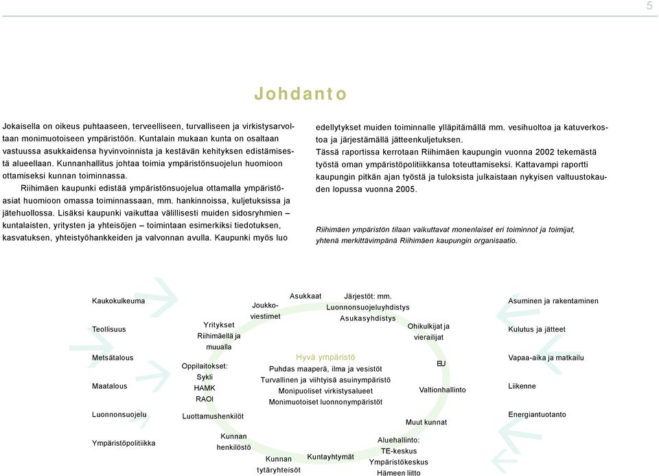 Kunnanhallitus johtaa toimia ympäristönsuojelun huomioon ottamiseksi kunnan toiminnassa. Riihimäen kaupunki edistää ympäristönsuojelua ottamalla ympäristöasiat huomioon omassa toiminnassaan, mm.