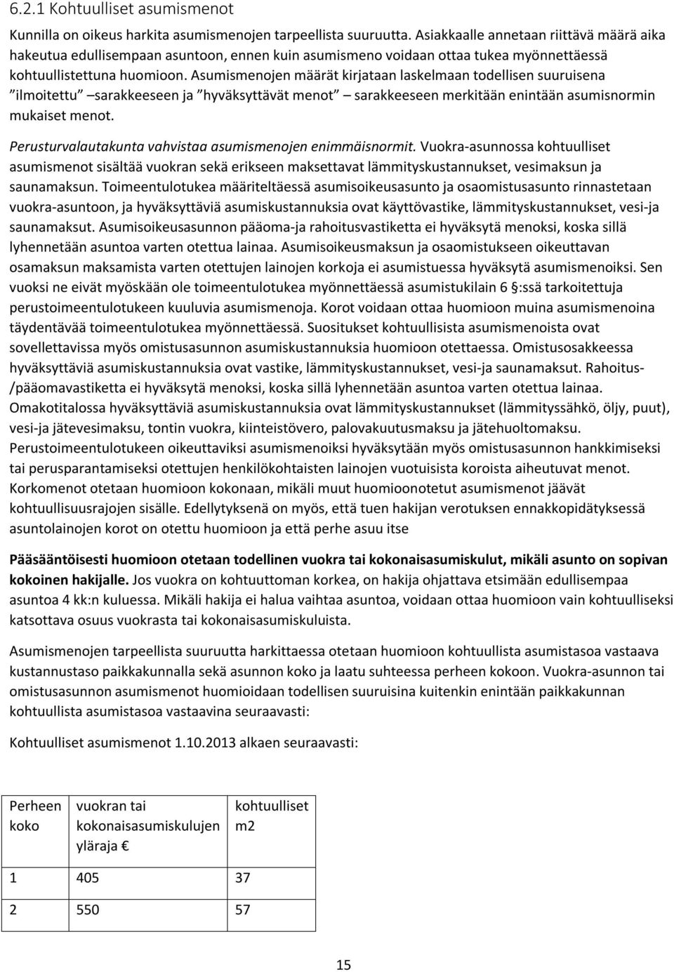 Asumismenojen määrät kirjataan laskelmaan todellisen suuruisena ilmoitettu sarakkeeseen ja hyväksyttävät menot sarakkeeseen merkitään enintään asumisnormin mukaiset menot.