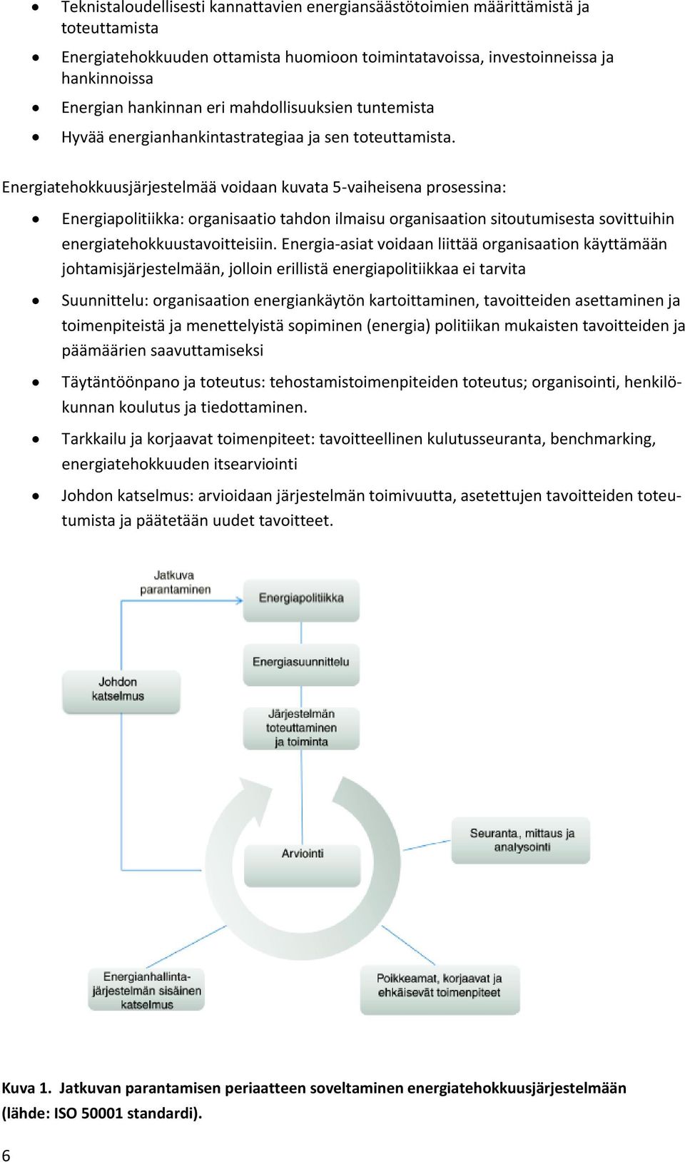 Energiatehokkuusjärjestelmää voidaan kuvata 5-vaiheisena prosessina: Energiapolitiikka: organisaatio tahdon ilmaisu organisaation sitoutumisesta sovittuihin energiatehokkuustavoitteisiin.