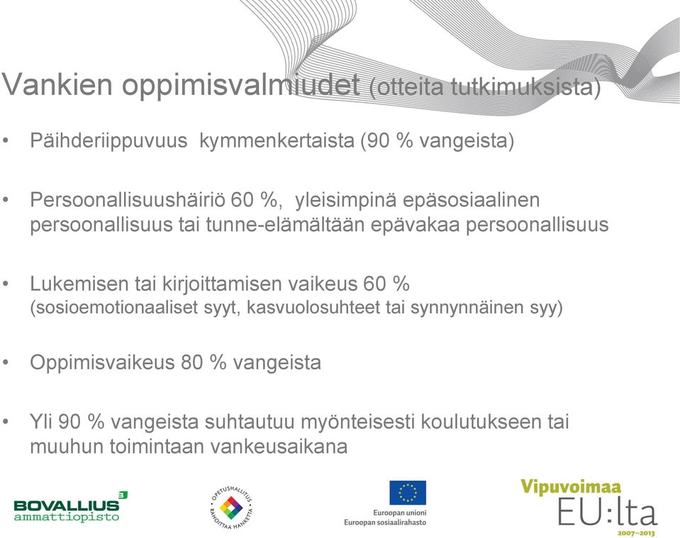 persoonallisuus Lukemisen tai kirjoittamisen vaikeus 60 % (sosioemotionaaliset syyt, kasvuolosuhteet tai
