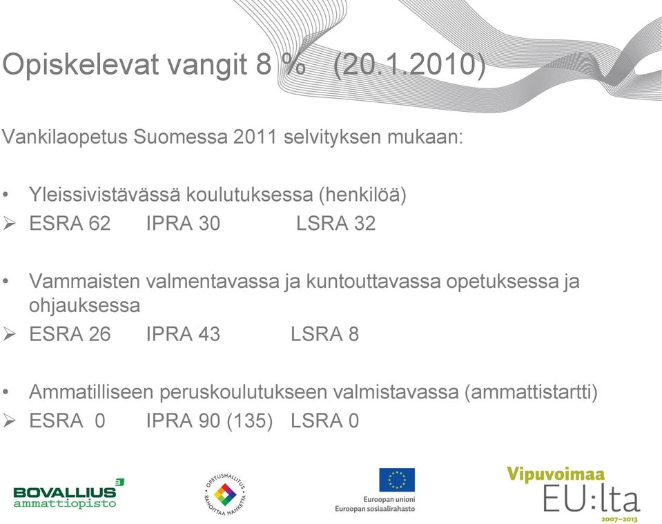 koulutuksessa (henkilöä) ESRA 62 IPRA 30 LSRA 32 Vammaisten valmentavassa ja