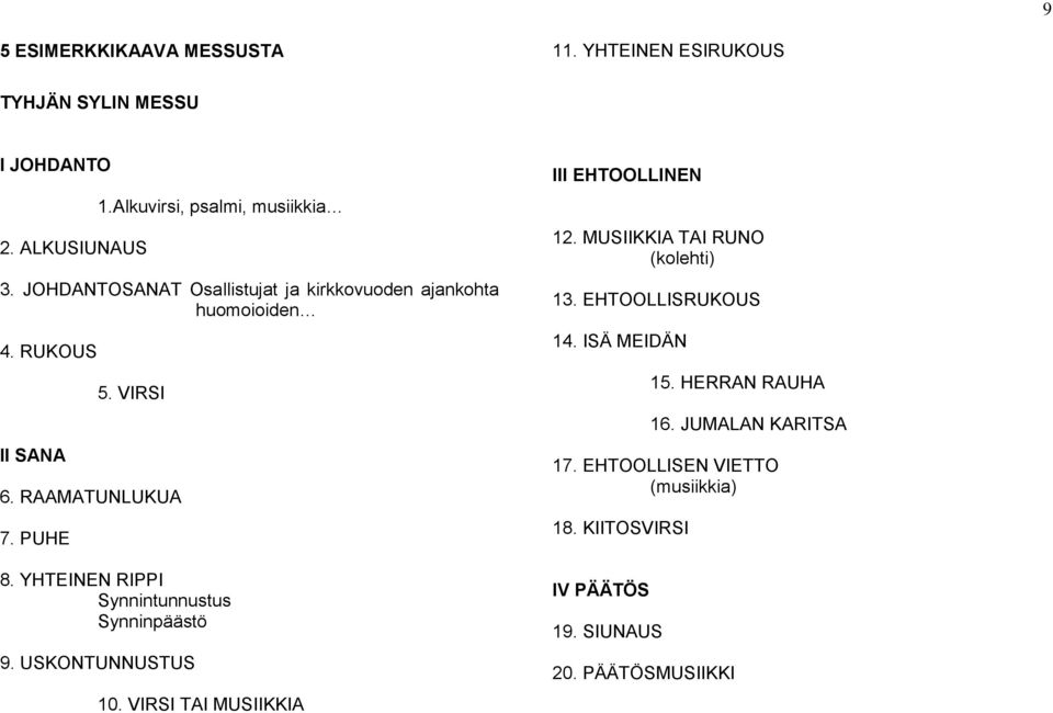 YHTEINEN RIPPI Synnintunnustus Synninpäästö 9. USKONTUNNUSTUS 10. VIRSI TAI MUSIIKKIA III EHTOOLLINEN 12.