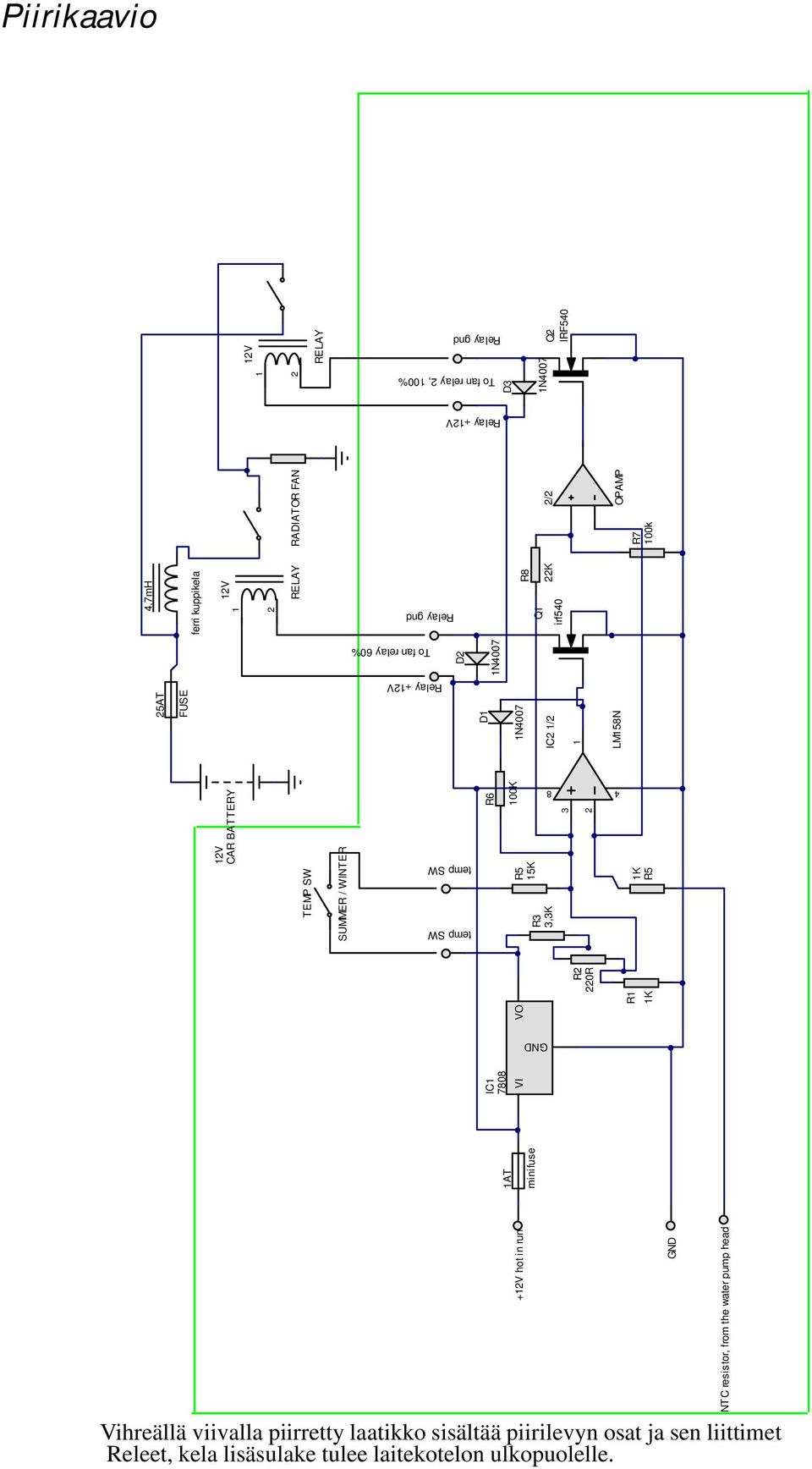 4,7mH ferri kuppikela RADIATOR FAN 2 RELAY D3 R8 22K 2/2 1N4007 Q2 IRF540 R7 100k OPAMP temp SW temp SW Vihreällä viivalla piirretty laatikko