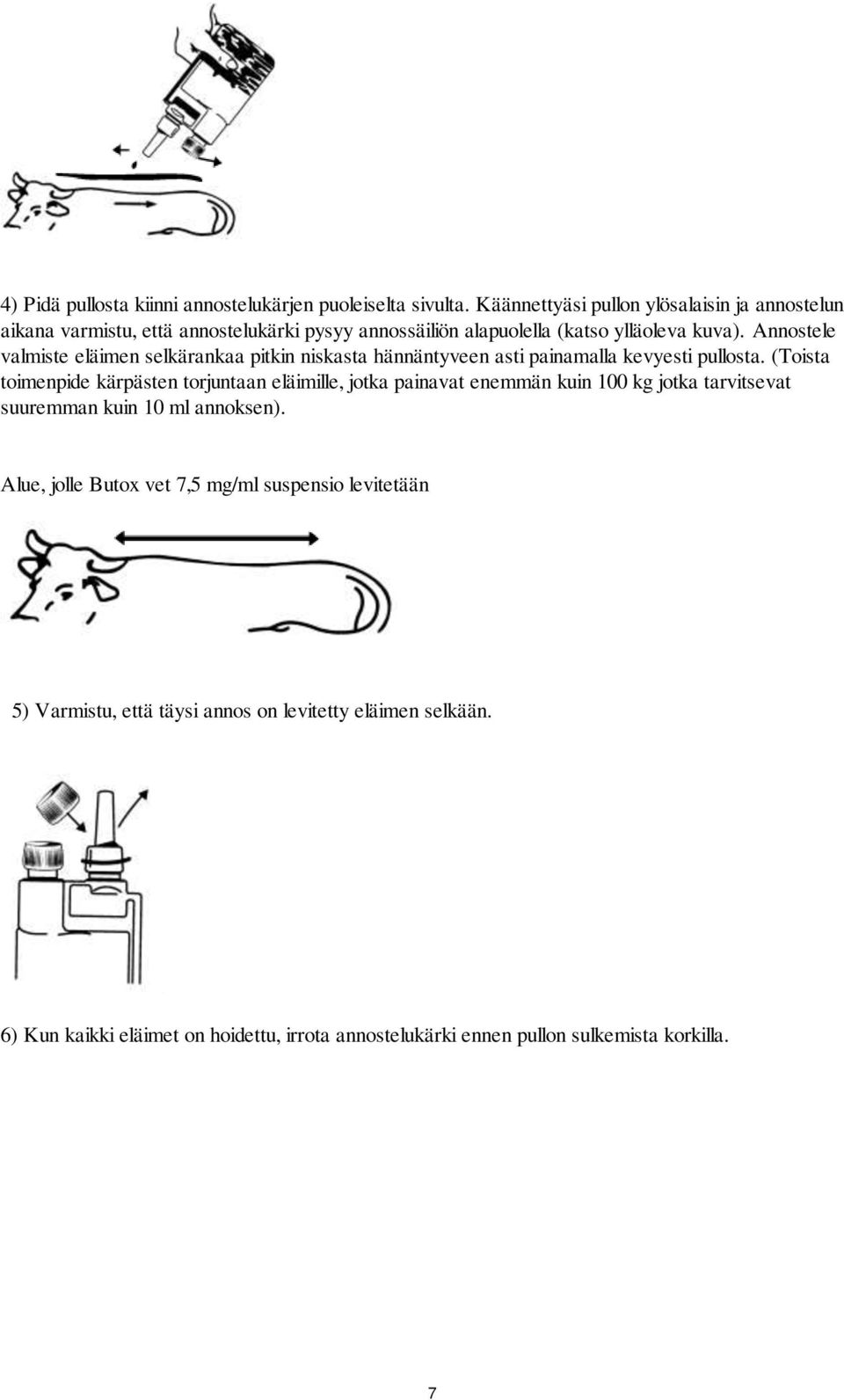 Annostele valmiste eläimen selkärankaa pitkin niskasta hännäntyveen asti painamalla kevyesti pullosta.