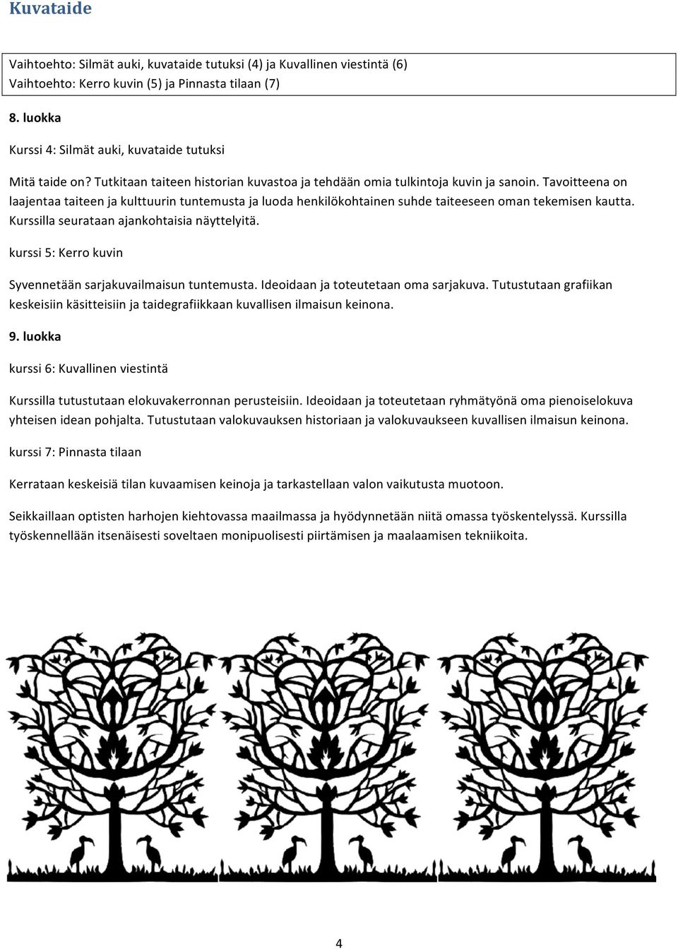 Tavoitteena on laajentaa taiteen ja kulttuurin tuntemusta ja luoda henkilökohtainen suhde taiteeseen oman tekemisen kautta. Kurssilla seurataan ajankohtaisia näyttelyitä.