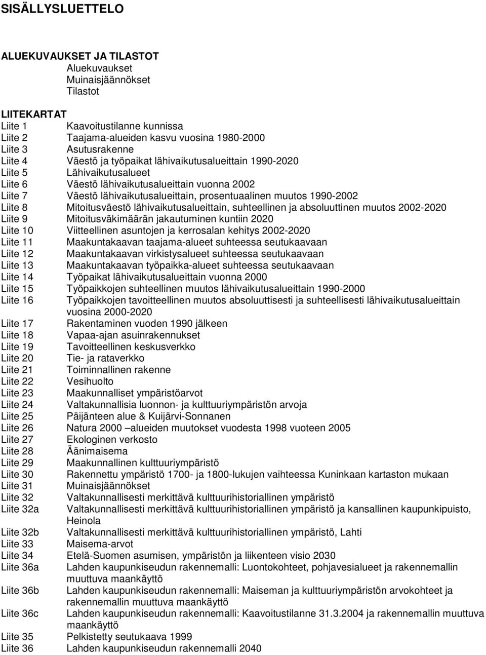 prosentuaalinen muutos 1990-2002 Liite 8 Mitoitusväestö lähivaikutusalueittain, suhteellinen ja absoluuttinen muutos 2002-2020 Liite 9 Mitoitusväkimäärän jakautuminen kuntiin 2020 Liite 10