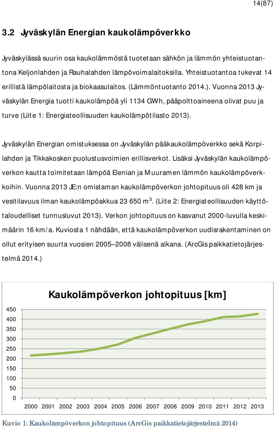 Vuonna 2013 Jyväskylän Energia tuotti kaukolämpöä yli 1134 GWh, pääpolttoaineena olivat puu ja turve (Liite 1: Energiateollisuuden kaukolämpötilasto 2013).
