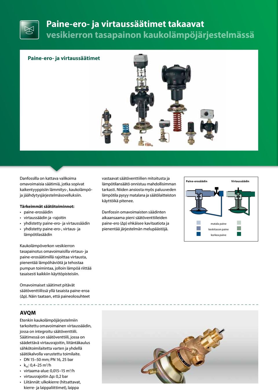 Tärkeimmät säätötoiminnot: paine-erosäädin virtaussäädin ja -rajoitin yhdistetty paine-ero- ja virtaussäädin yhdistetty paine-ero-, virtaus- ja lämpötilasäädin vastaavat säätöventtiilien mitoitusta