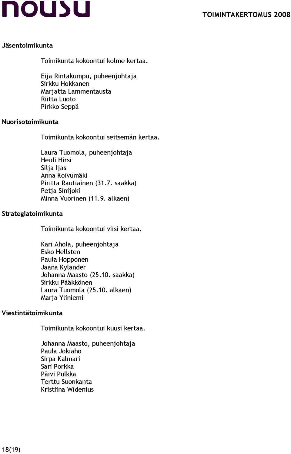 Laura Tuomola, puheenjohtaja Heidi Hirsi Silja Ijas Anna Koivumäki Piritta Rautiainen (31.7. saakka) Petja Sinijoki Minna Vuorinen (11.9. alkaen) Toimikunta kokoontui viisi kertaa.