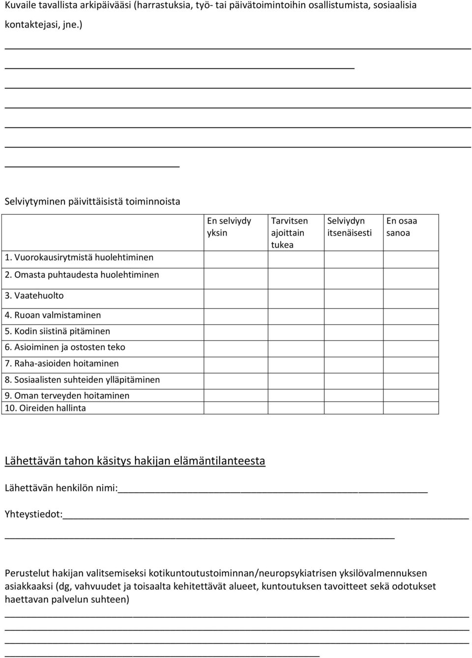 Kodin siistinä pitäminen 6. Asioiminen ja ostosten teko 7. Raha-asioiden hoitaminen 8. Sosiaalisten suhteiden ylläpitäminen 9. Oman terveyden hoitaminen 10.