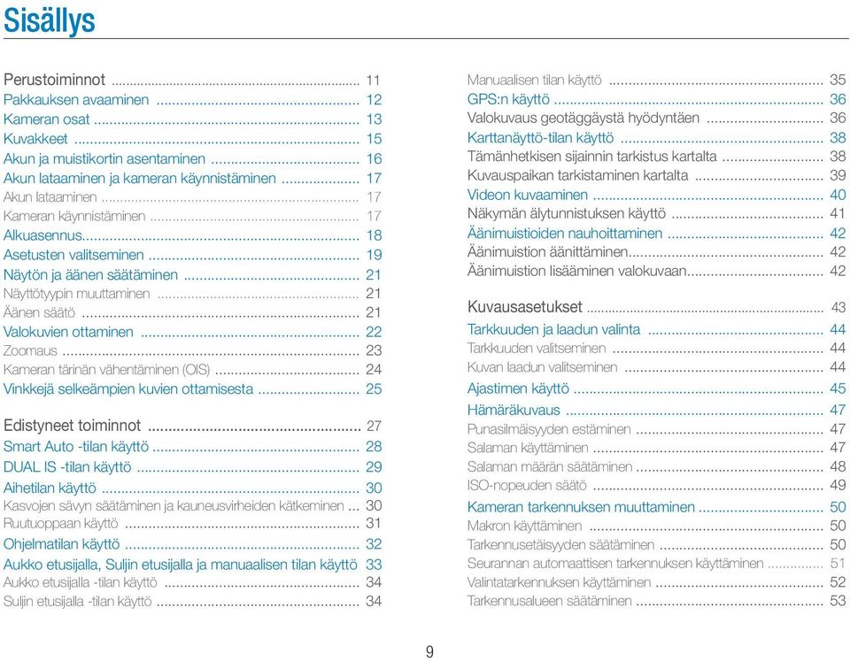 .. 23 Kameran tärinän vähentäminen (OIS)... 24 Vinkkejä selkeämpien kuvien ottamisesta... 25 Edistyneet toiminnot... 27 Smart Auto -tilan käyttö... 28 DUAL IS -tilan käyttö... 29 Aihetilan käyttö.