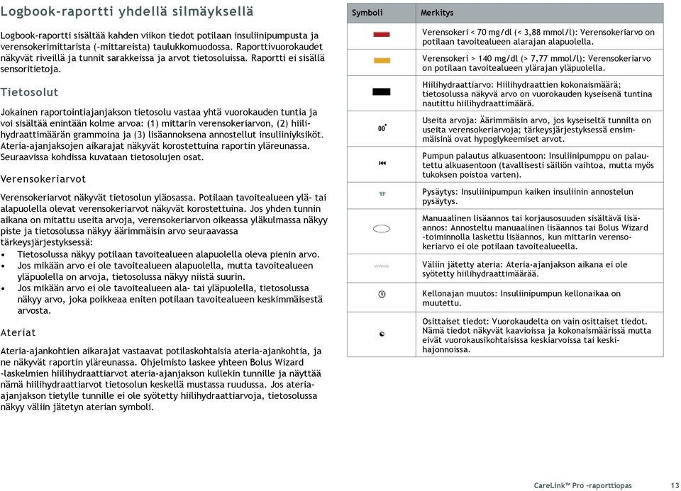 Tietosolut Jokainen raportointiajanjakson tietosolu vastaa yhtä vuorokauden tuntia ja voi sisältää enintään kolme arvoa: (1) mittarin verensokeriarvon, (2) hiilihydraattimäärän grammoina ja (3)