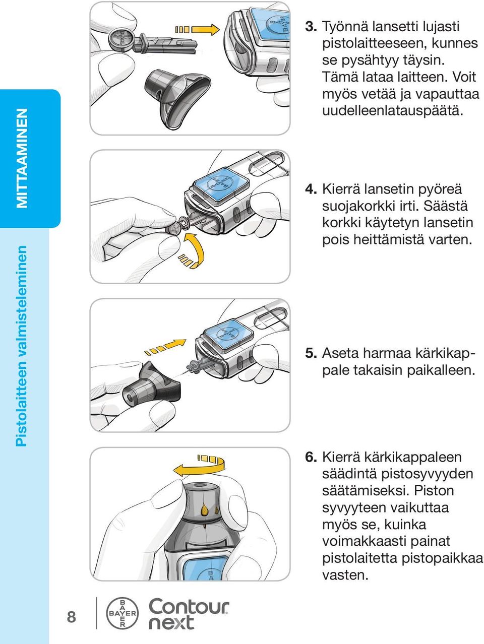 Säästä korkki käytetyn lansetin pois heittämistä varten. 5. Aseta harmaa kärkikappale takaisin paikalleen. 6.