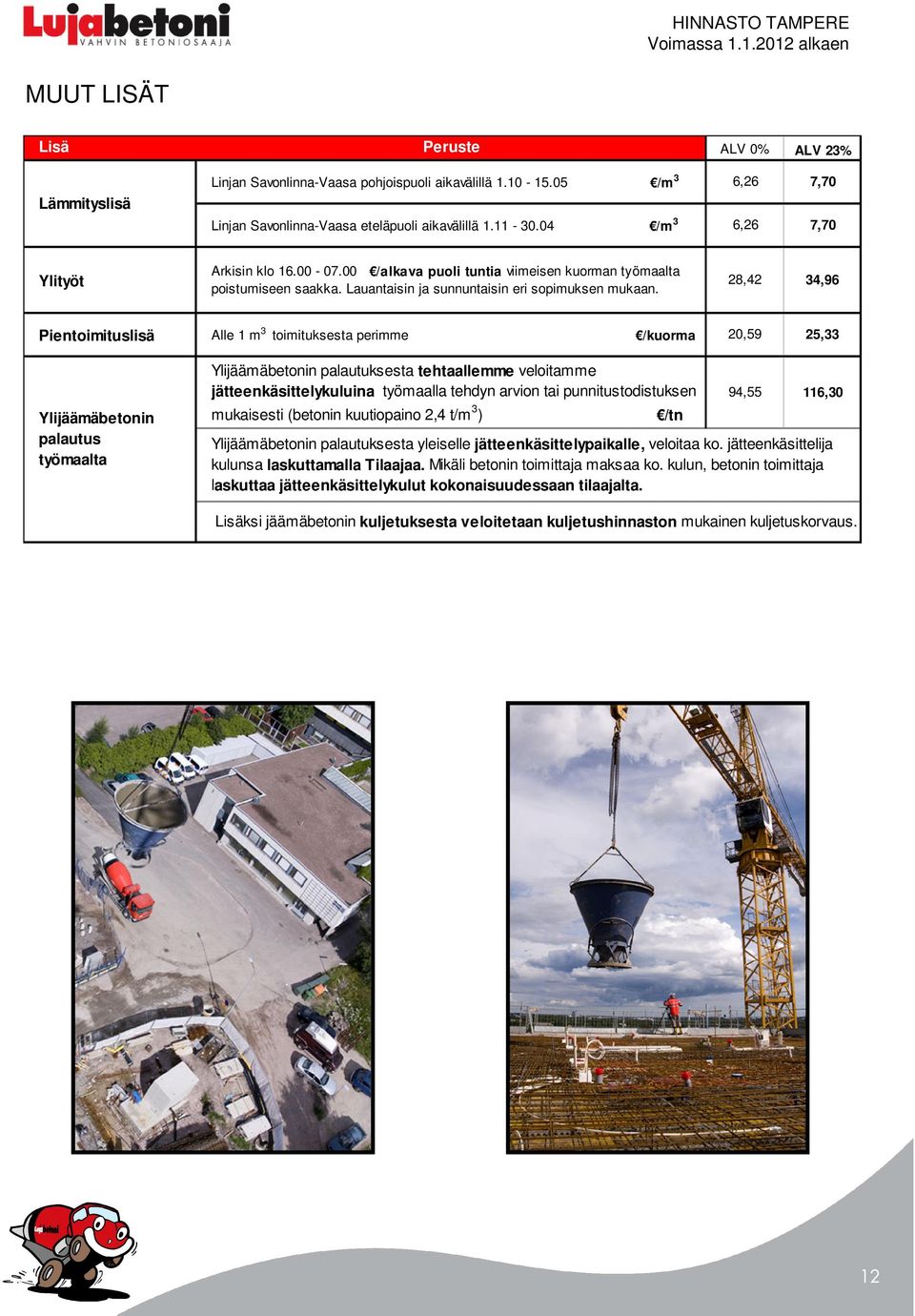 28,42 34,96 Pientoimituslisä Alle 1 m 3 toimituksesta perimme /kuorma 20,59 25,33 Ylijäämäbetonin palautus työmaalta Ylijäämäbetonin palautuksesta tehtaallemme veloitamme jätteenkäsittelykuluina