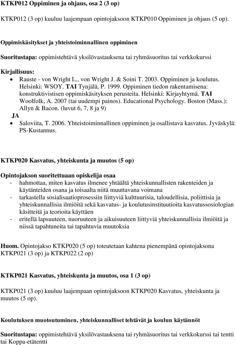 Oppiminen ja koulutus. Helsinki: WSOY. TAI Tynjälä, P. 1999. Oppiminen tiedon rakentamisena: konstruktivistisen oppimiskäsityksen perusteita. Helsinki: Kirjayhtymä. TAI Woolfolk, A.