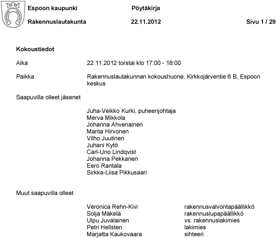 2012 torstai klo 17:00-18:00 Paikka Rakennuslautakunnan kokoushuone, Kirkkojärventie 6 B, Espoon keskus Saapuvilla olleet jäsenet Juha-Veikko Kurki,