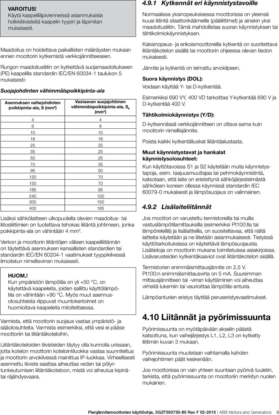 Rungon maadoitusliitin on kytkettävä suojamaadoitukseen (PE) kaapelilla standardin IEC/EN 60034-1 taulukon 5 mukaisesti: Suojajohdinten vähimmäispoikkipinta-ala Asennuksen vaihejohdinten