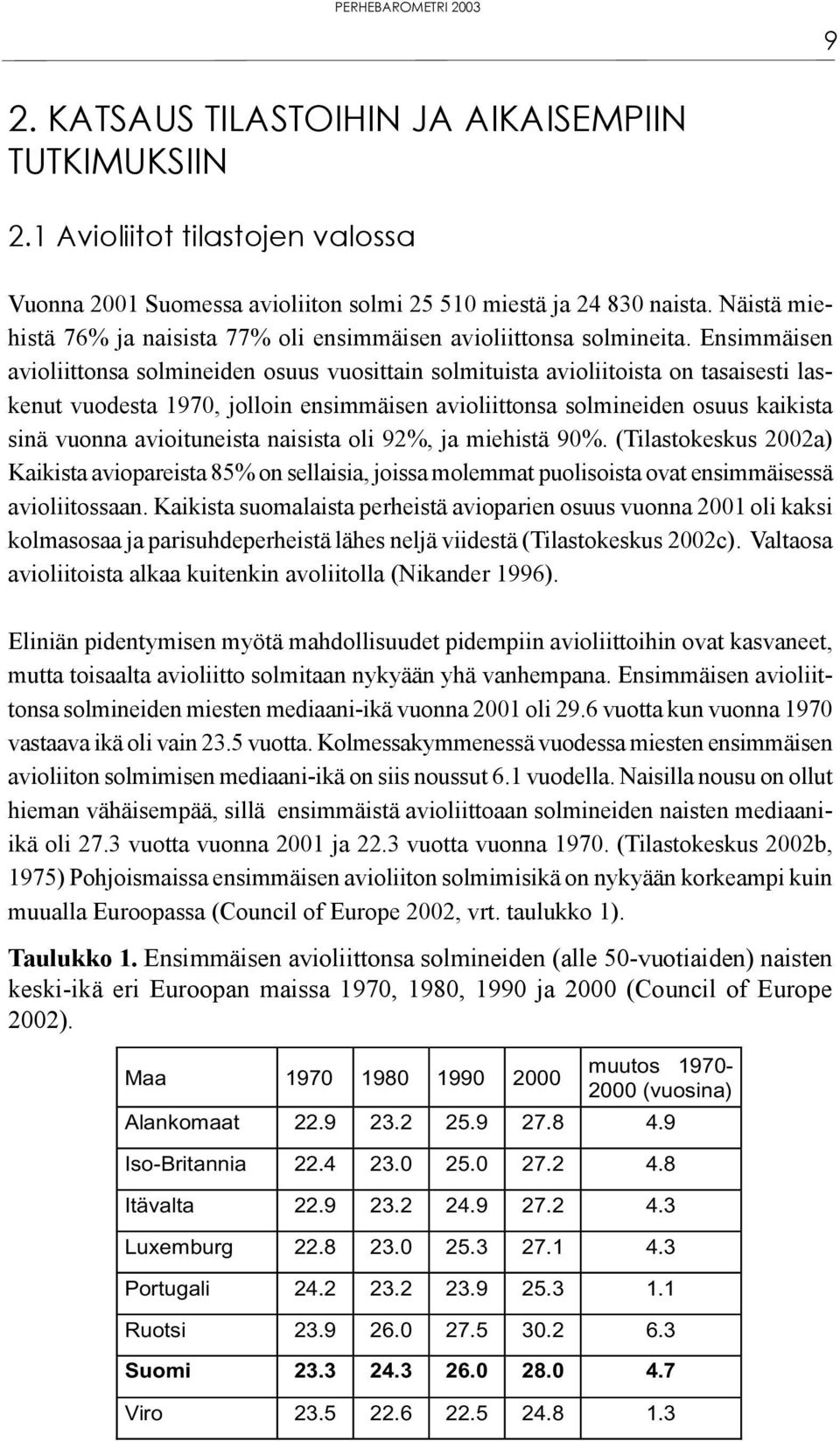 Ensimmäisen avioliittonsa solmineiden osuus vuosittain solmituista avioliitoista on tasaisesti laskenut vuodesta 1970, jolloin ensimmäisen avioliittonsa solmineiden osuus kaikista sinä vuonna