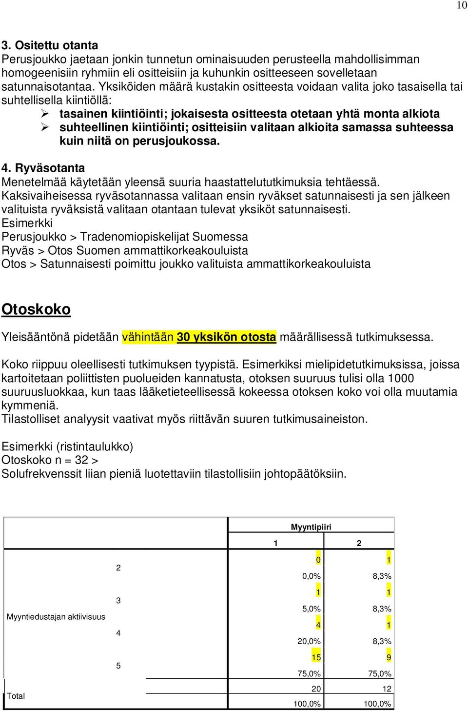 ositteisiin valitaan alkioita samassa suhteessa kuin niitä on perusjoukossa. 4. Ryväsotanta Menetelmää käytetään yleensä suuria haastattelututkimuksia tehtäessä.