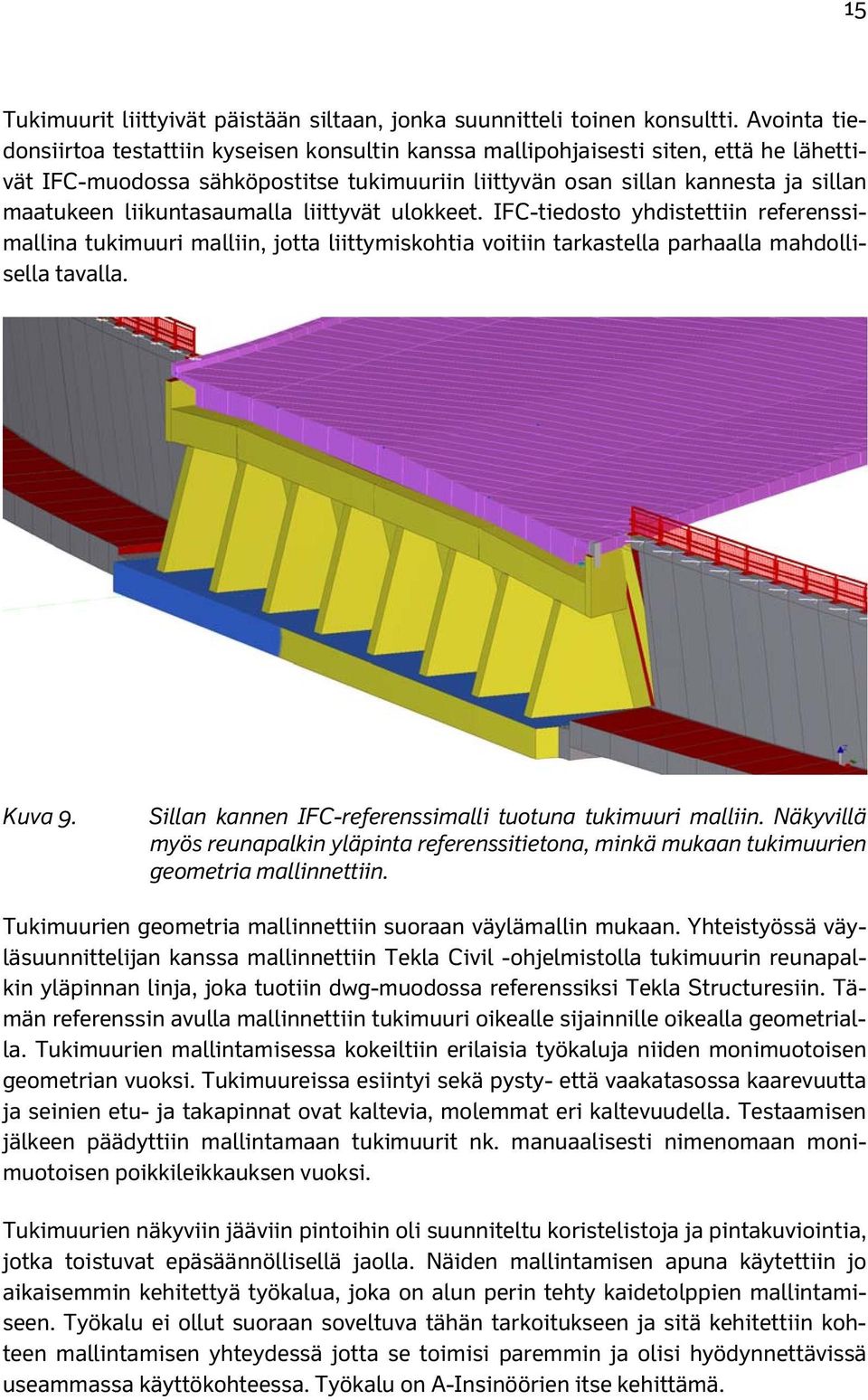 liikuntasaumalla liittyvät ulokkeet. IFC-tiedosto yhdistettiin referenssimallina tukimuuri malliin, jotta liittymiskohtia voitiin tarkastella parhaalla mahdollisella tavalla. Kuva 9.