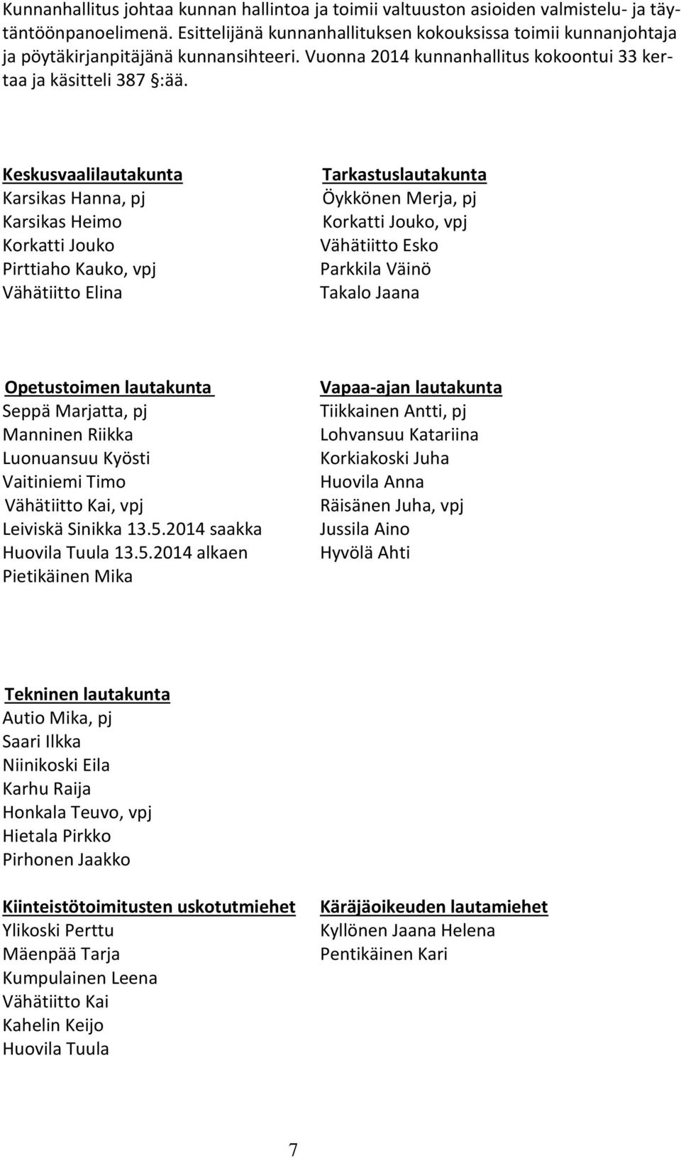 Keskusvaalilautakunta Karsikas Hanna, pj Karsikas Heimo Korkatti Jouko Pirttiaho Kauko, vpj Vähätiitto Elina Tarkastuslautakunta Öykkönen Merja, pj Korkatti Jouko, vpj Vähätiitto Esko Parkkila Väinö